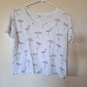 Forever 21 White Crop Top with Pink Flamingo Print